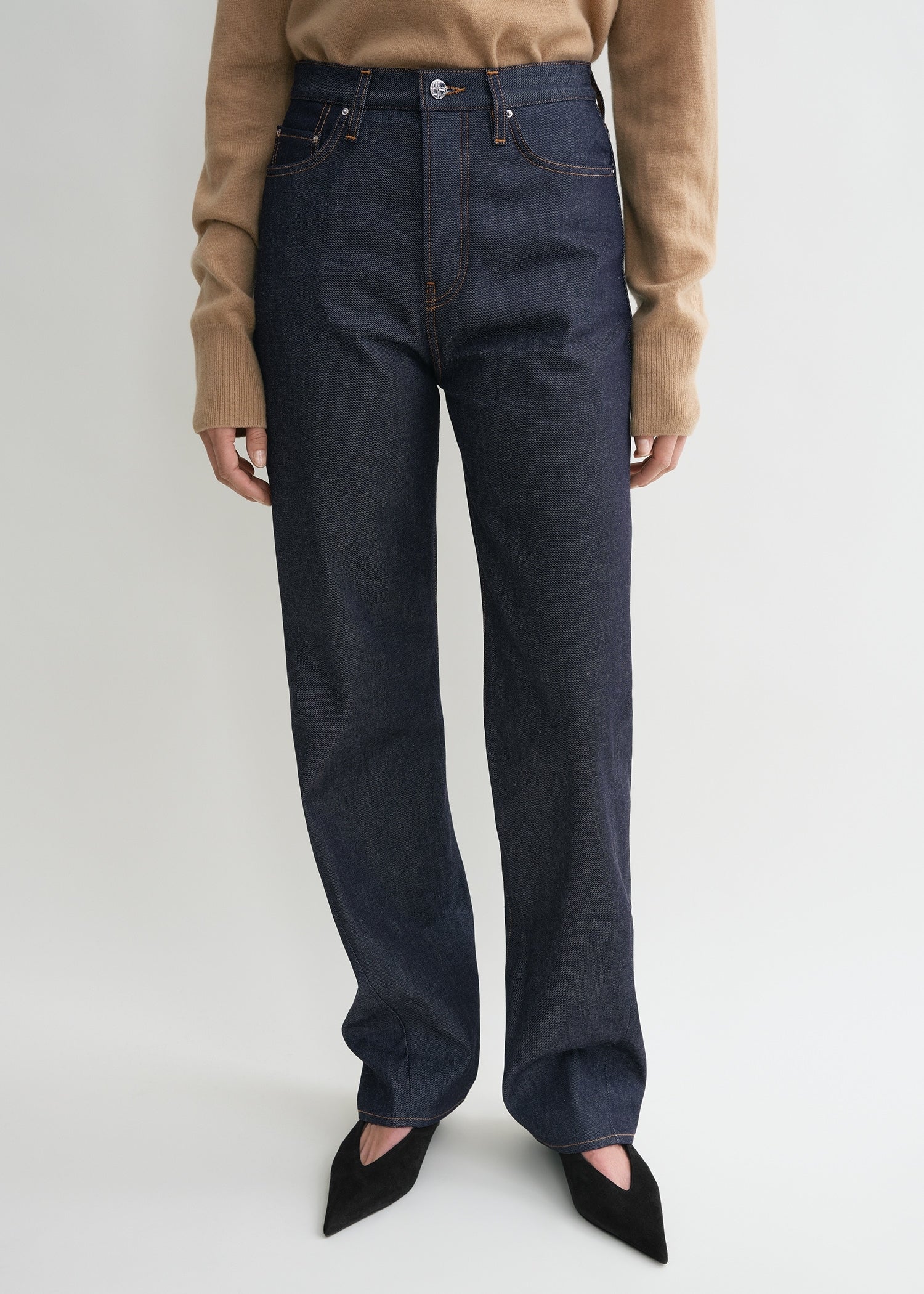 Twisted seam denim full length raw blue