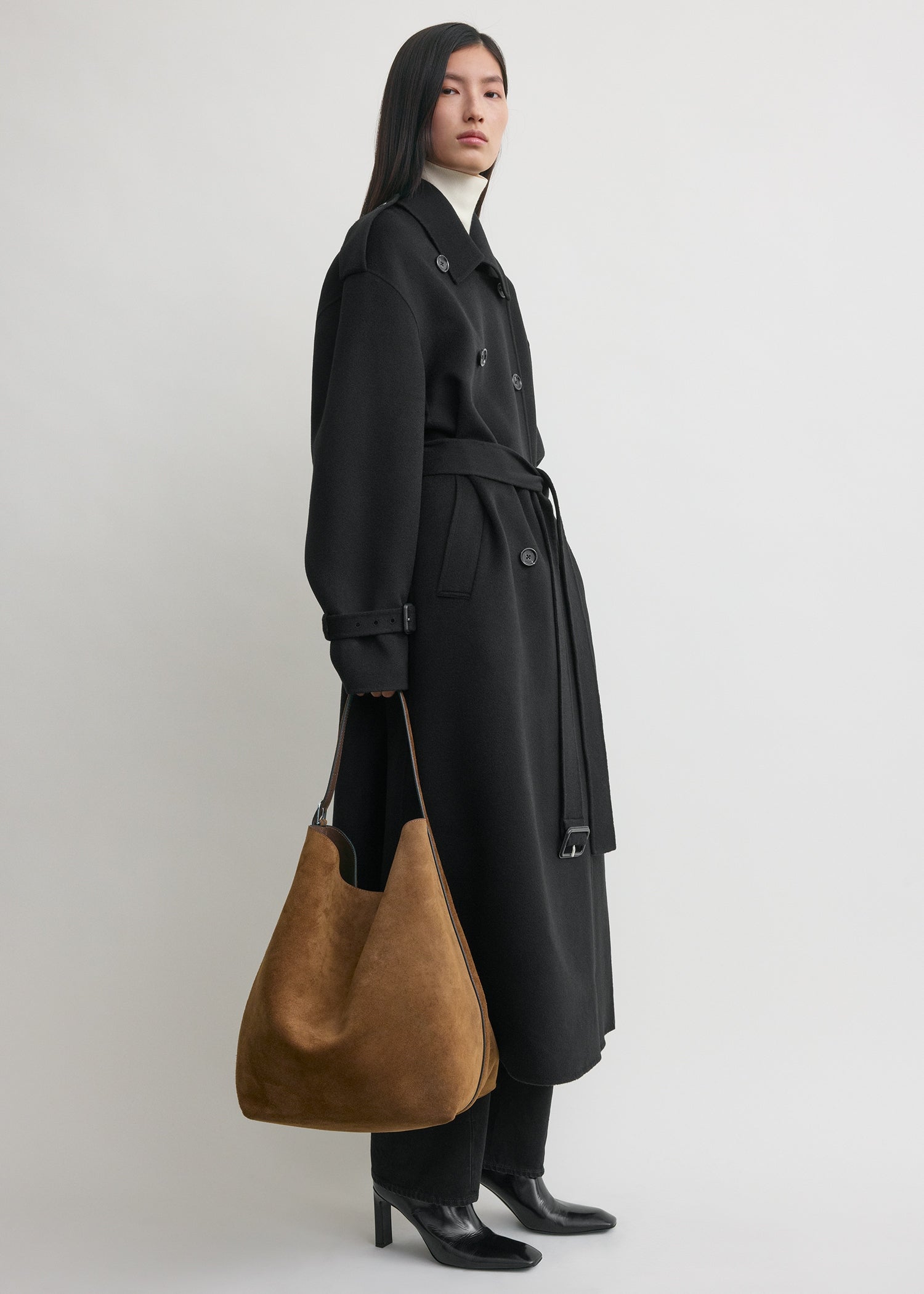 Belted suede tote tan