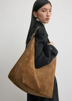 Belted suede tote tan
