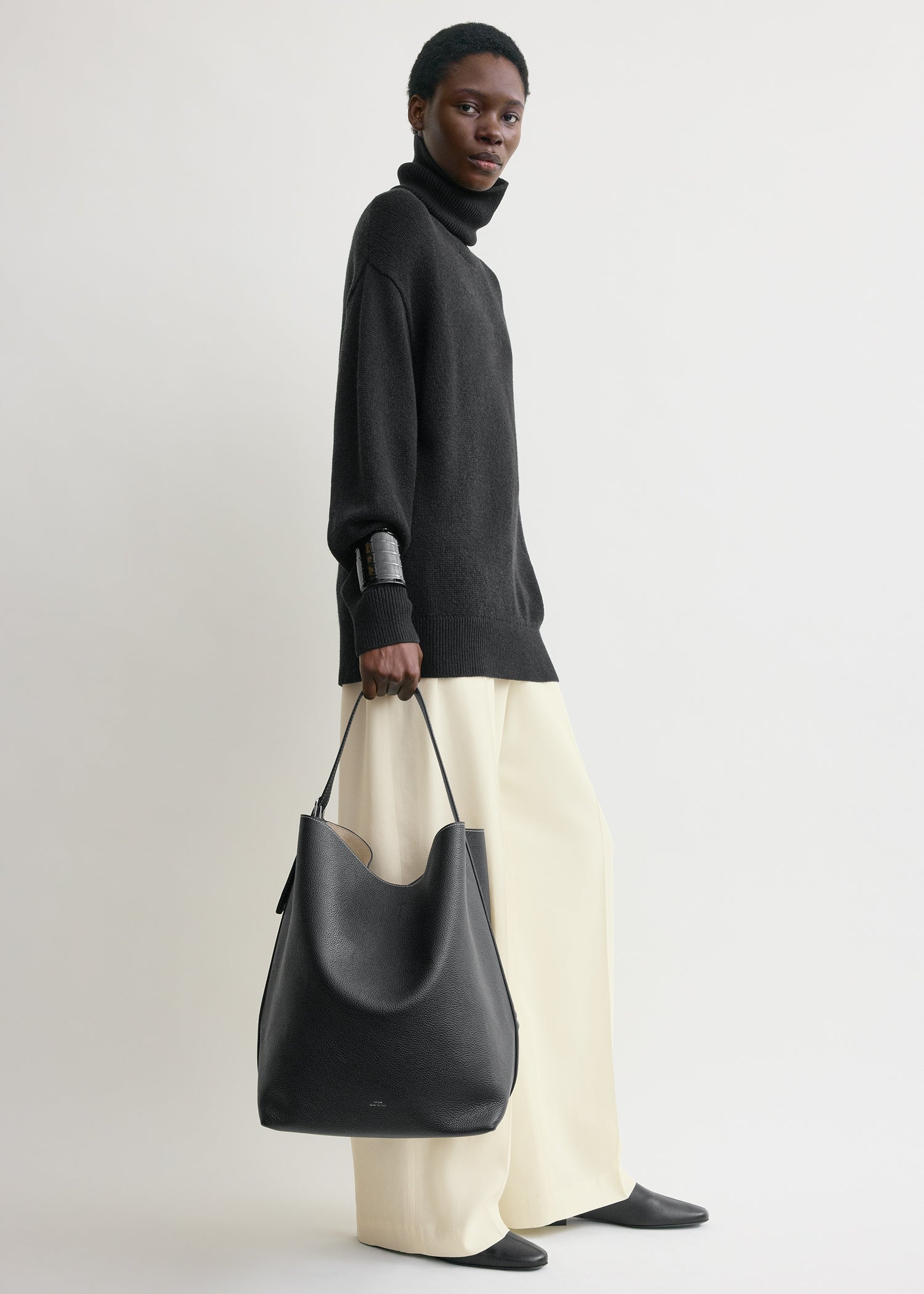 Belted grained-leather tote black
