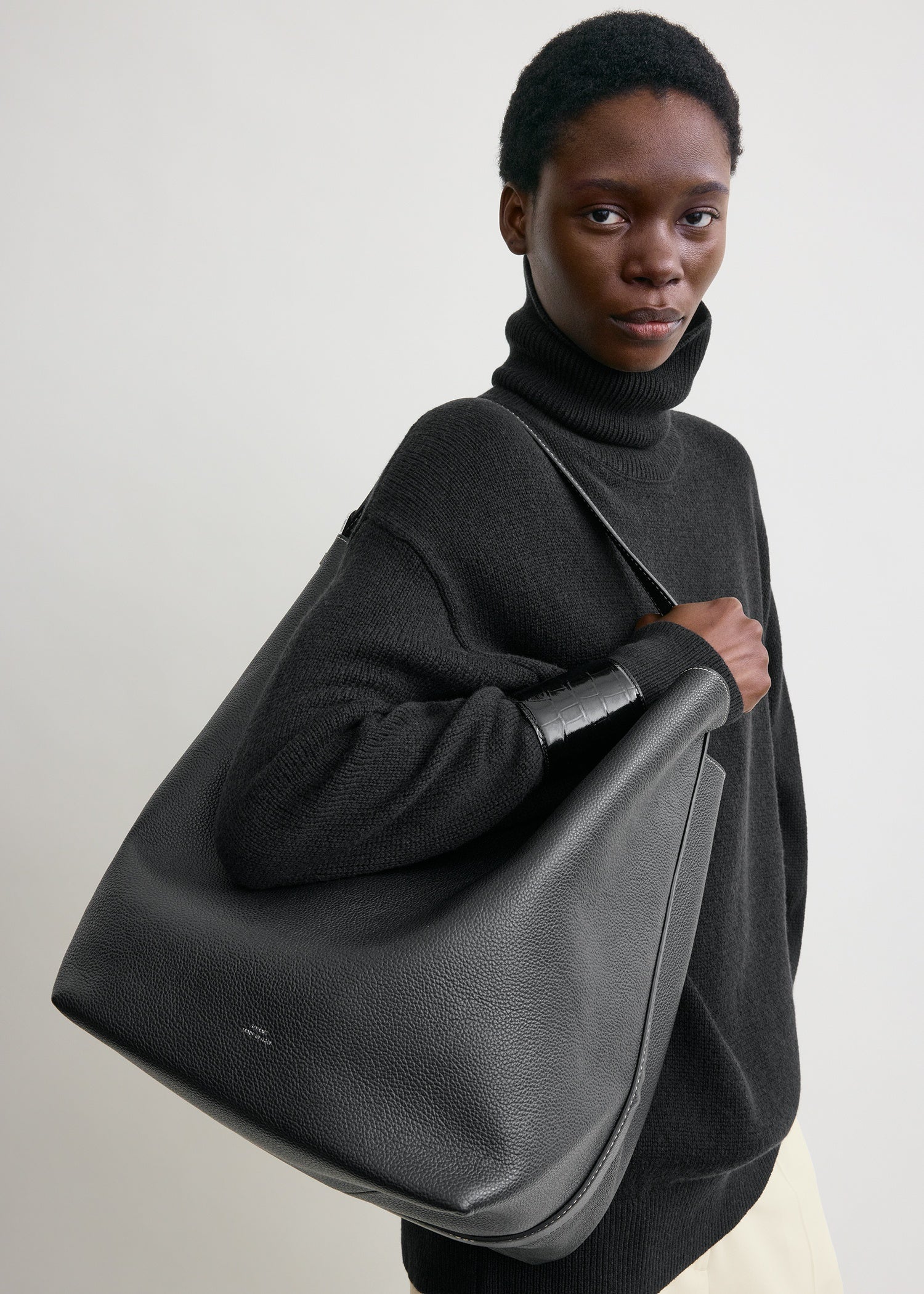 Belted grained-leather tote black