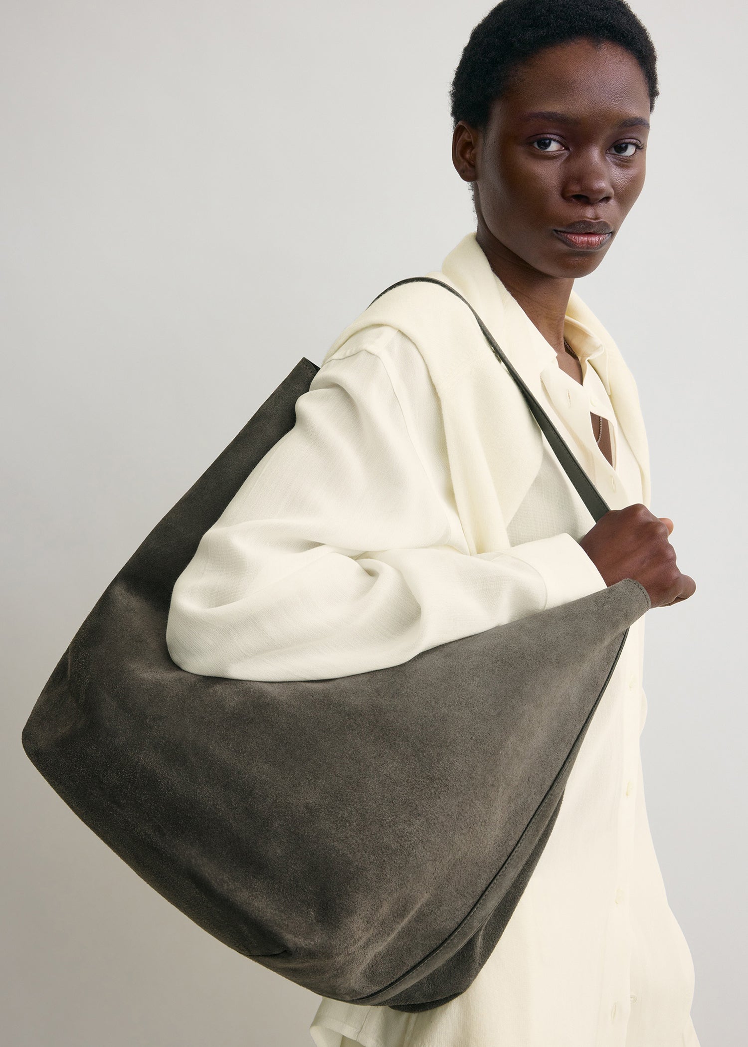 Belted suede tote granite
