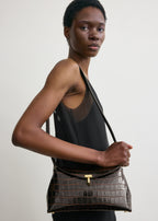 T-lock croco-embossed clutch dark brown