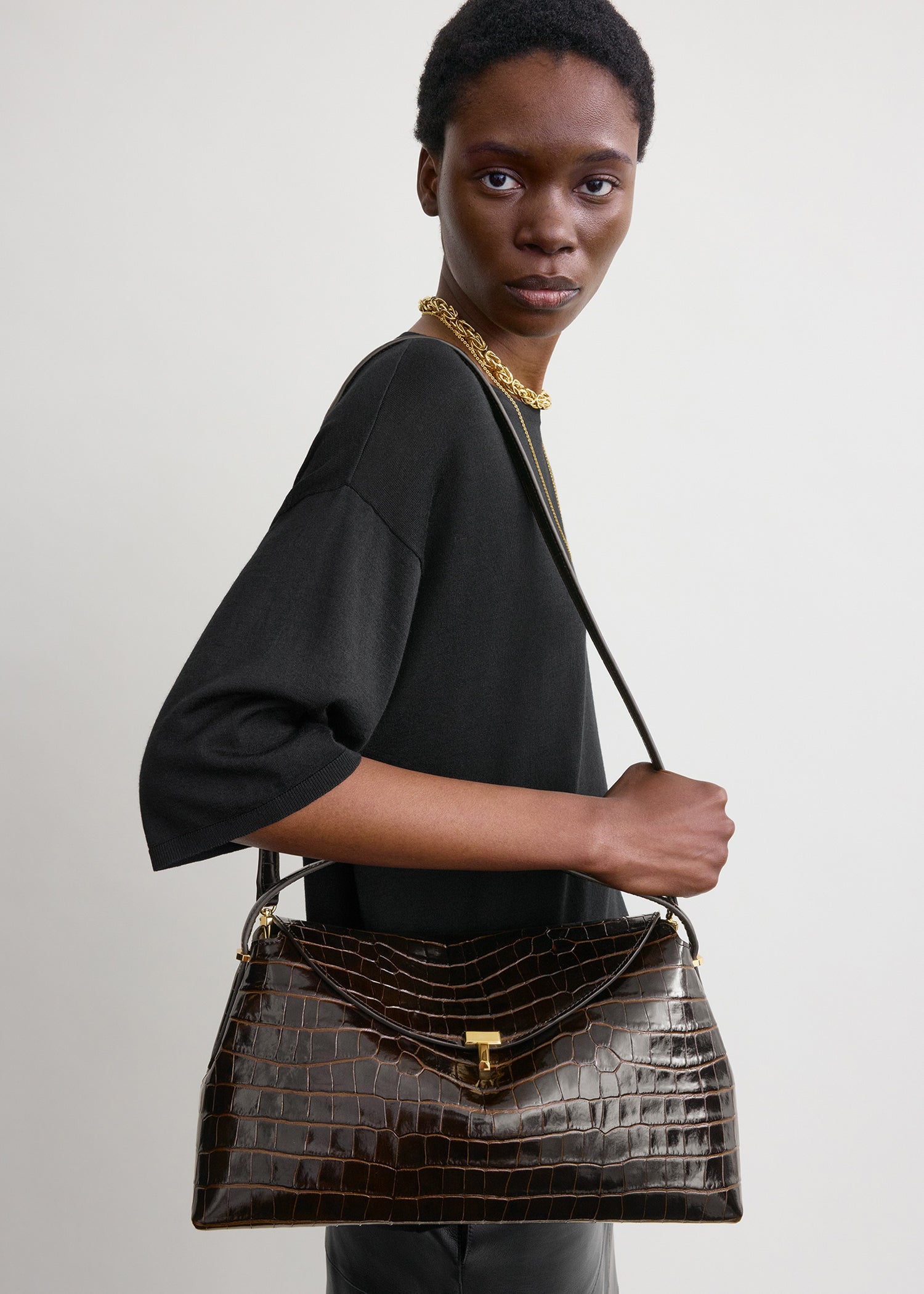 T-lock croco-embossed top handle dark brown