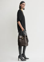 Belted croco-embossed bucket bag dark brown
