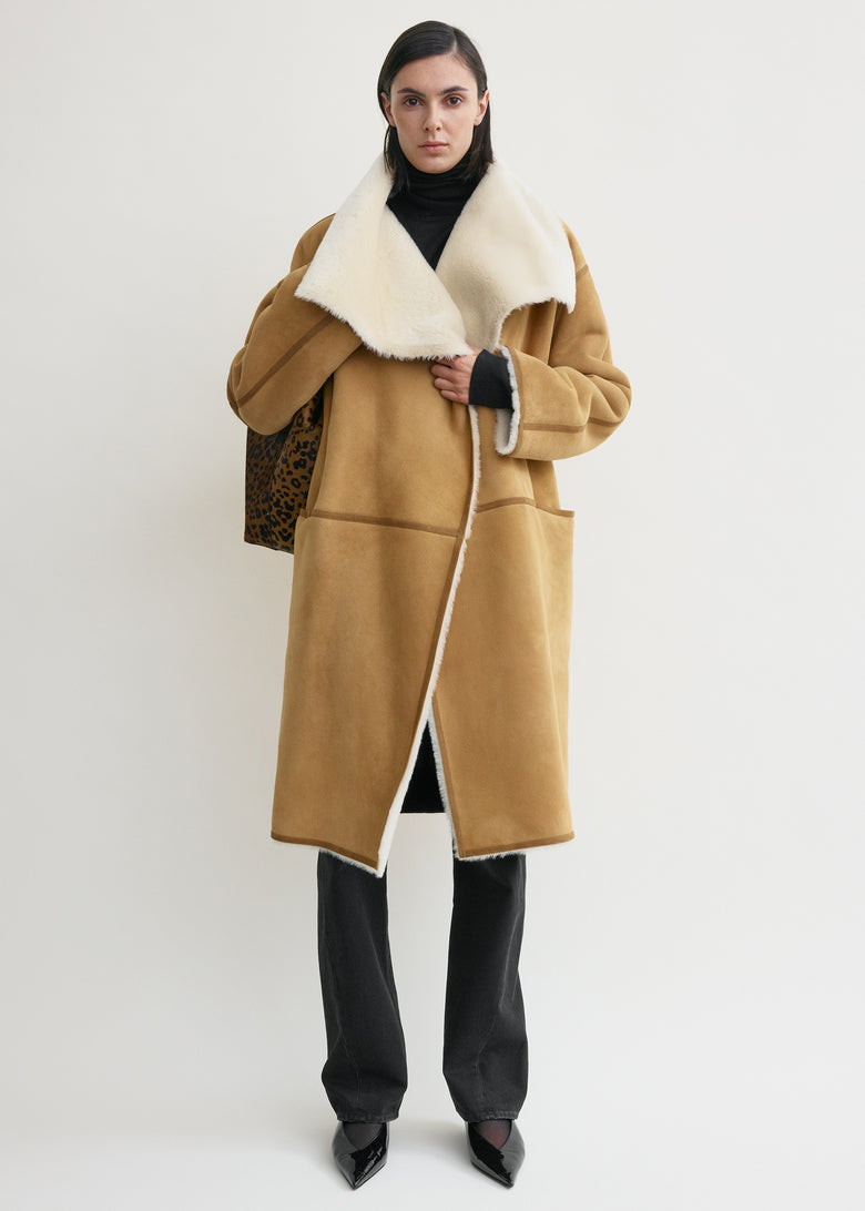 Draped shearling coat tan