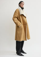 Draped shearling coat tan