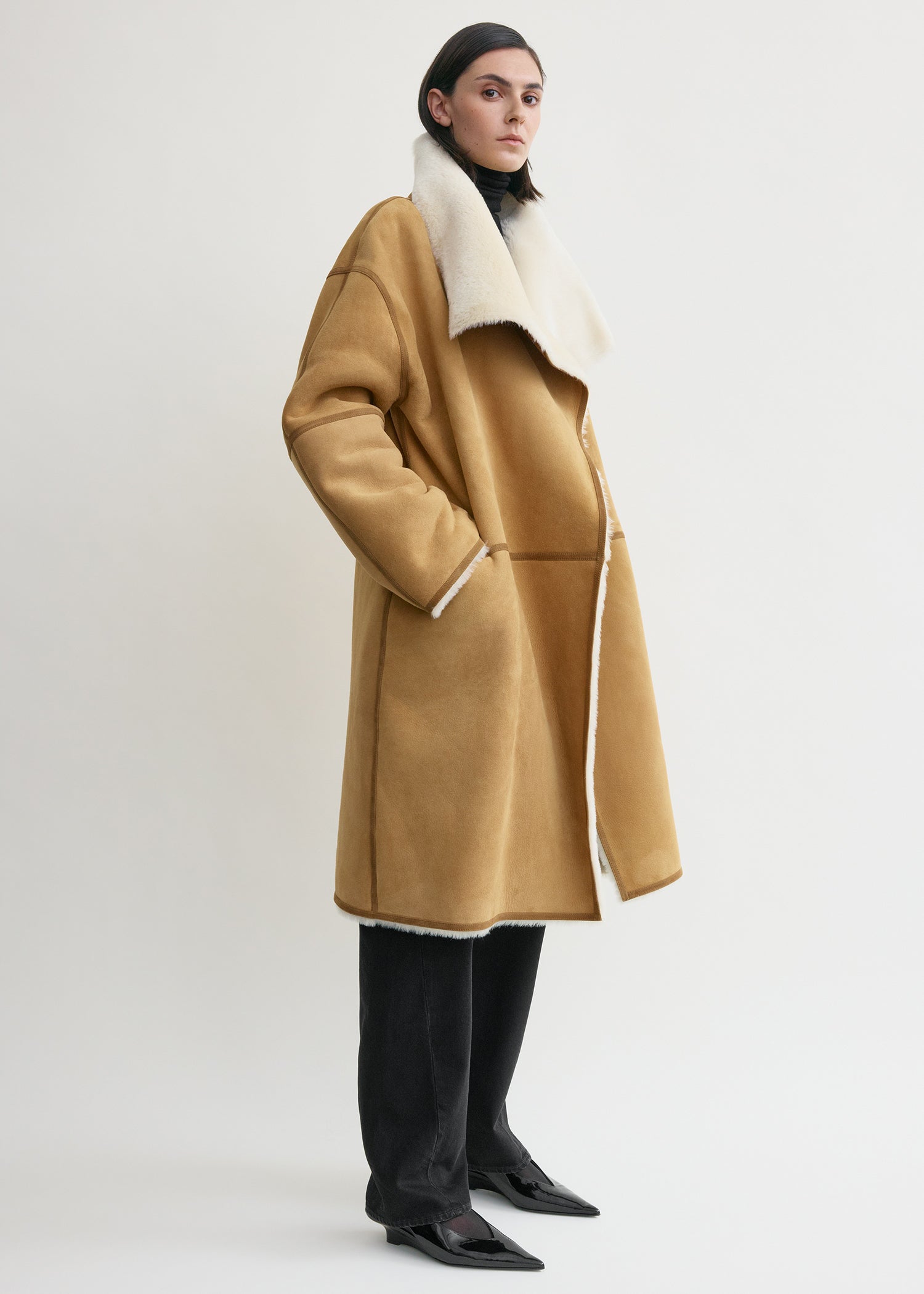 Draped shearling coat tan