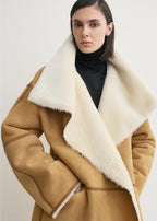 Draped shearling coat tan