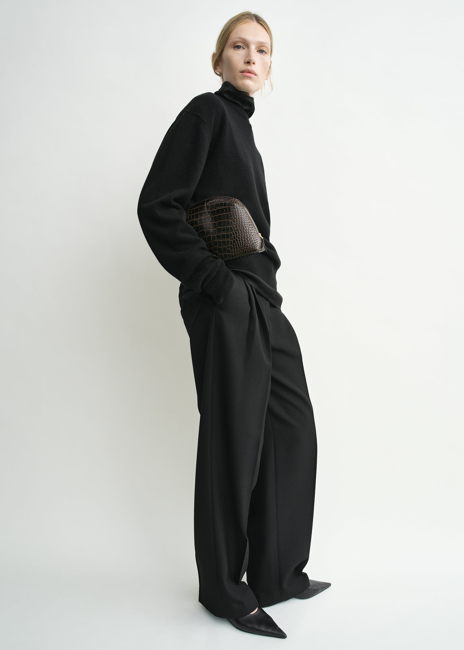 Medium croco-embossed day pouch dark brown