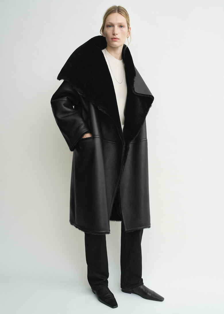 Shearling wrap coat black petite