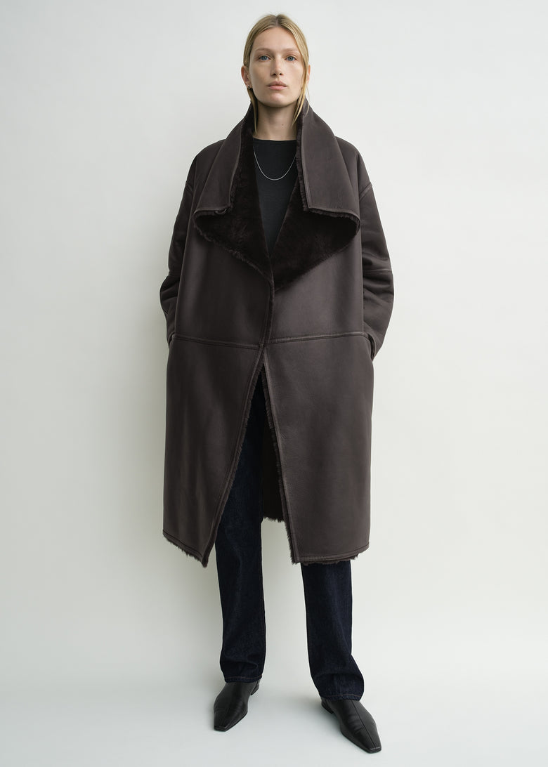 Shearling wrap coat dark brown petite
