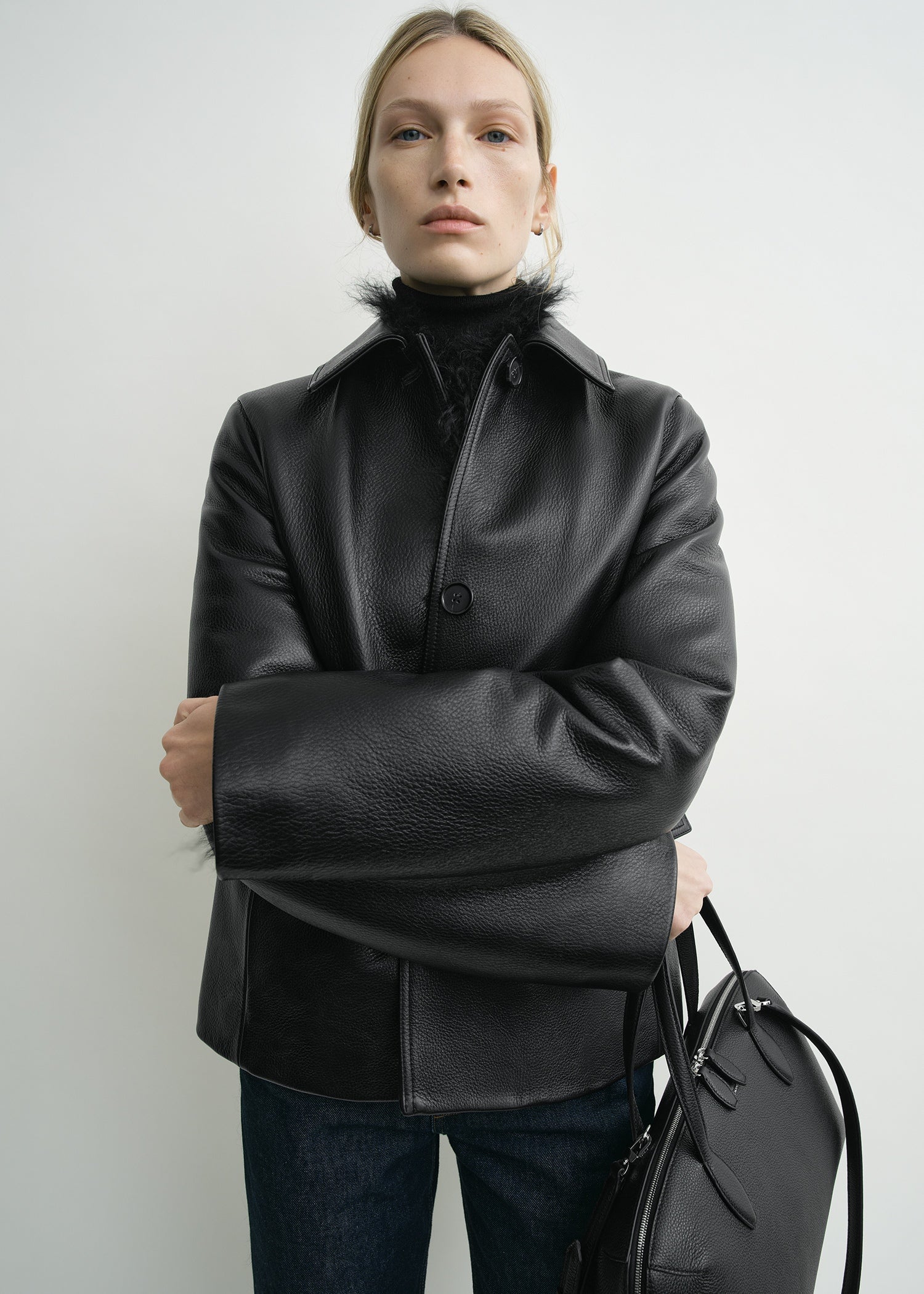 Grained leather jacket black