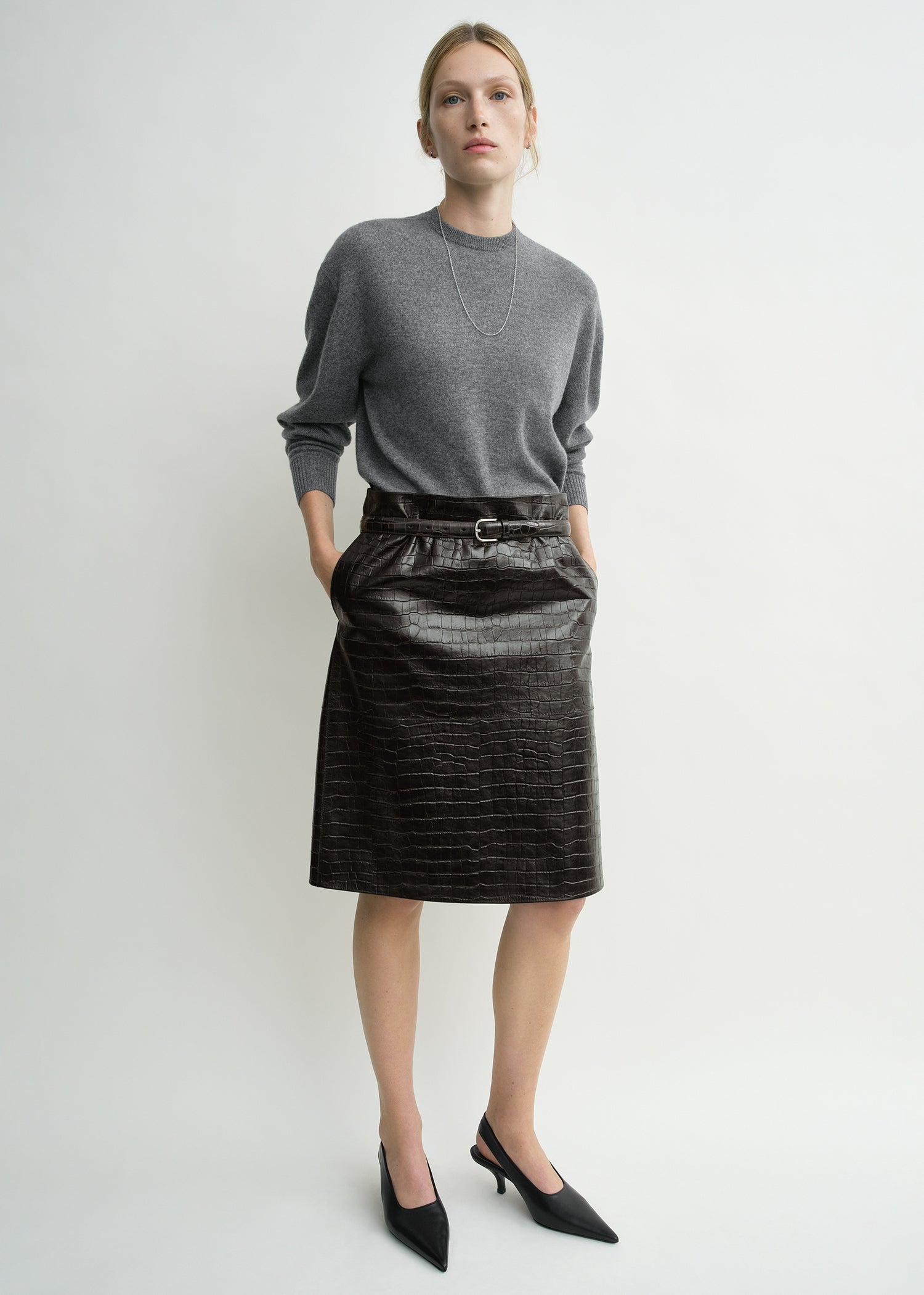 Paneled croco-embossed skirt dark brown