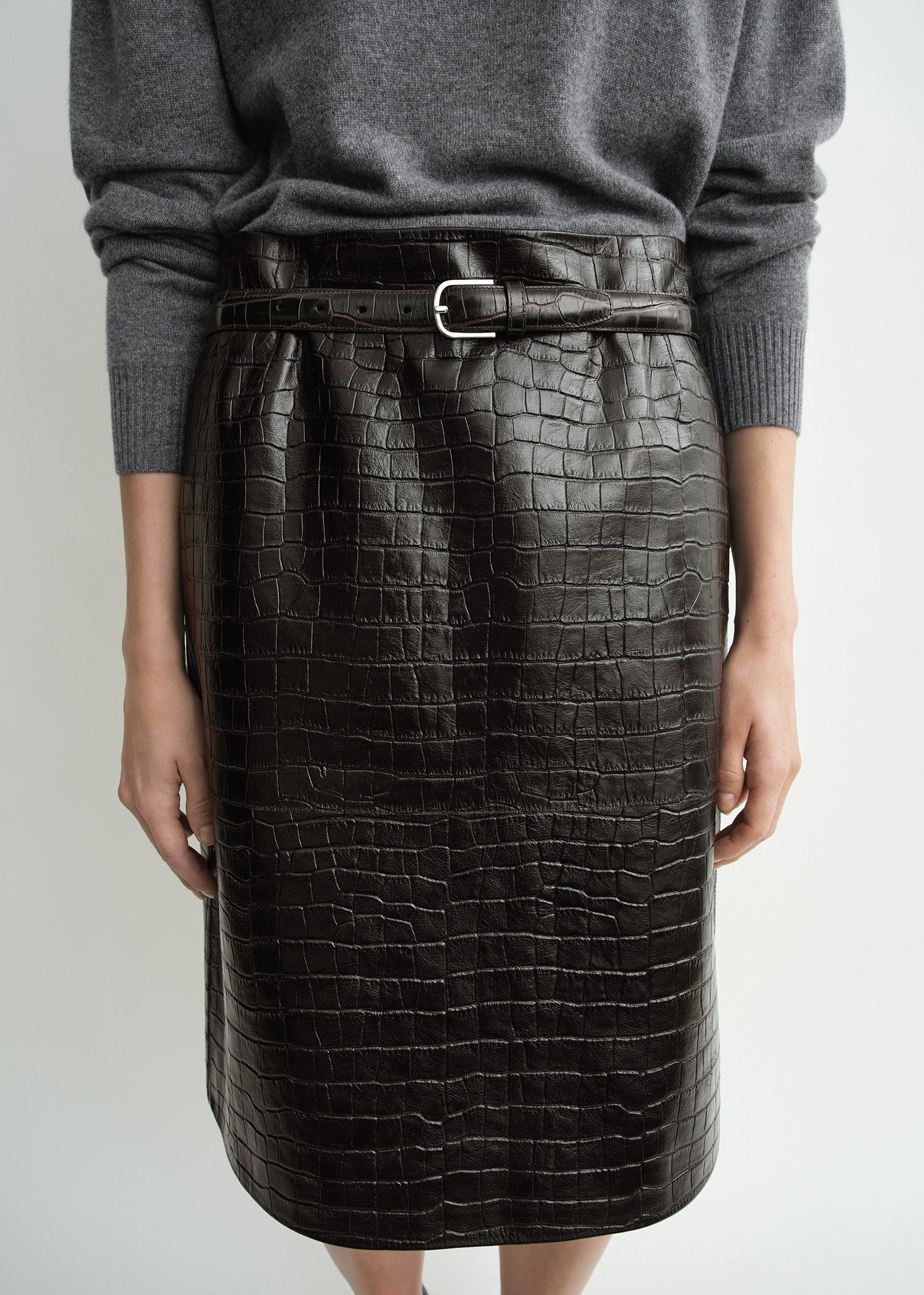 Paneled croco-embossed skirt dark brown