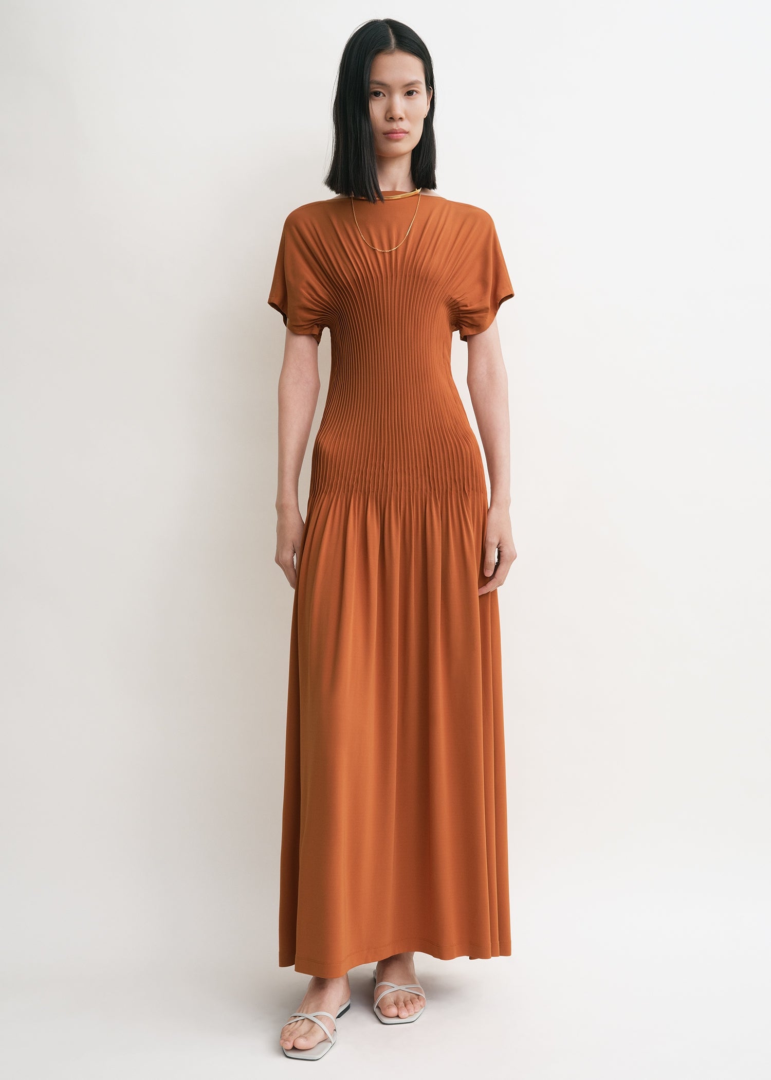 Knife-pleated jersey dress terracotta