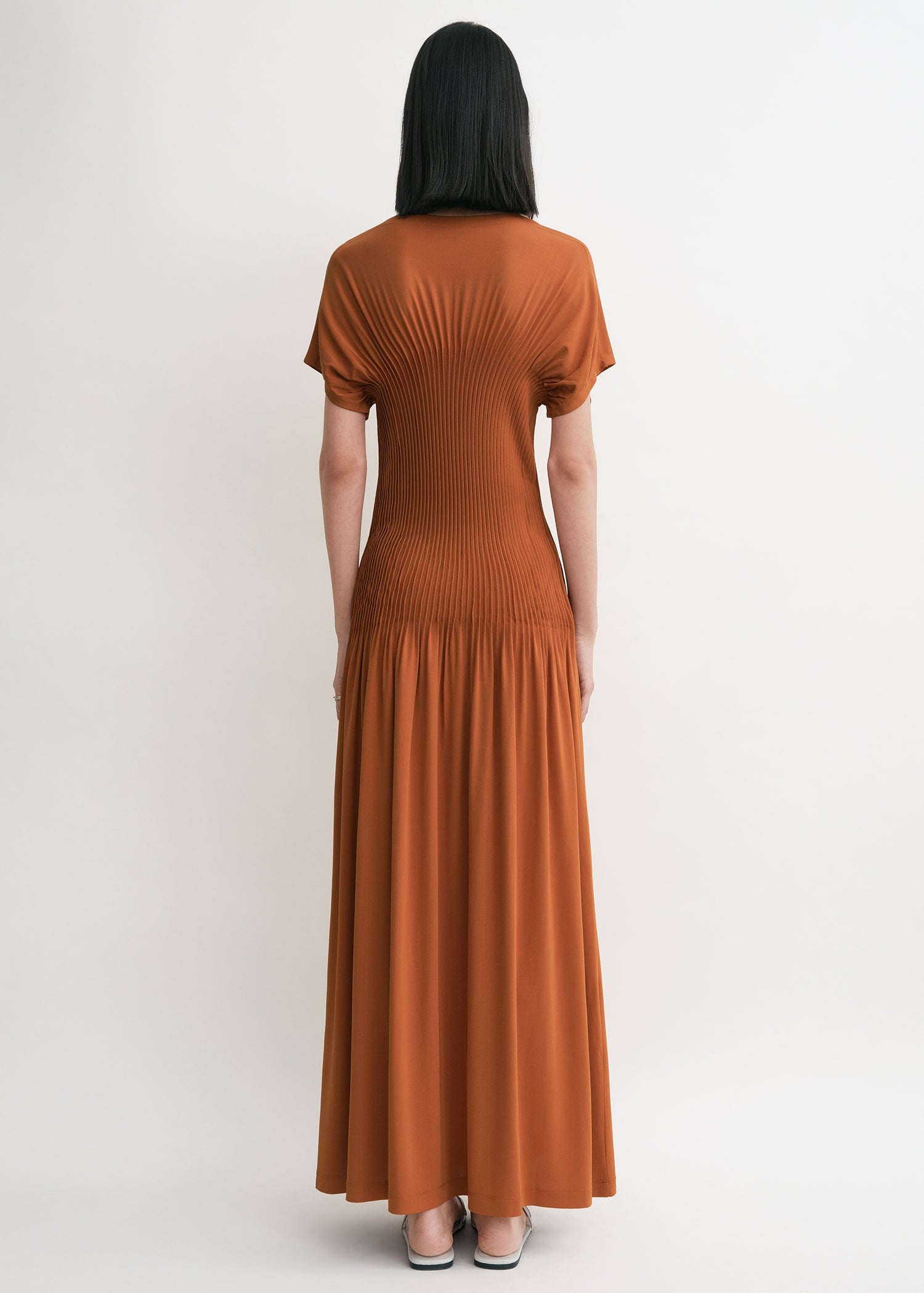Knife-pleated jersey dress terracotta
