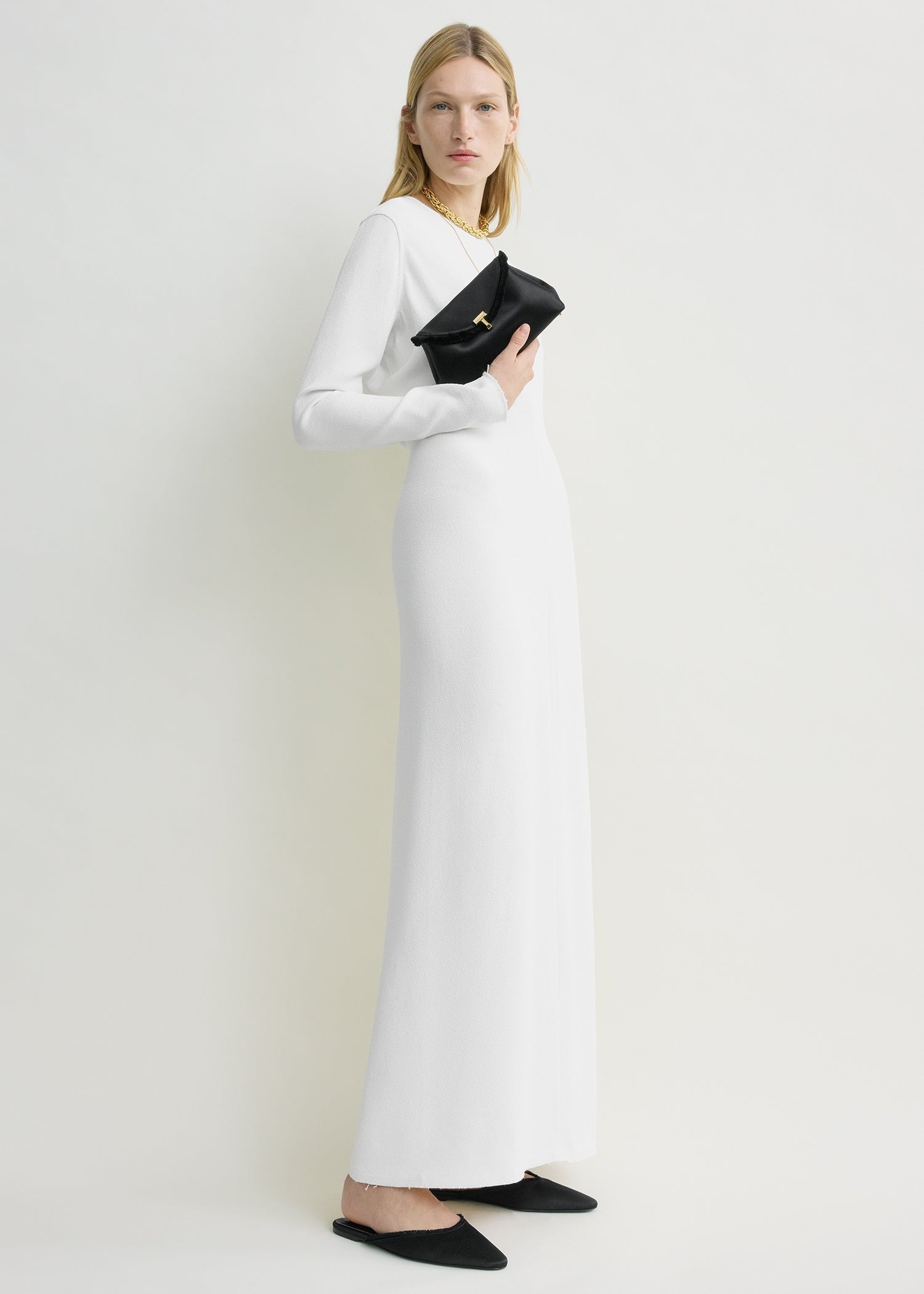 Mini T-lock frayed satin clutch black