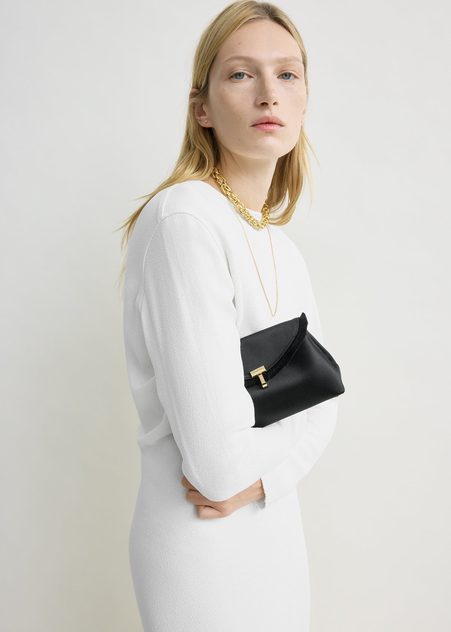 Mini T-lock frayed satin clutch black