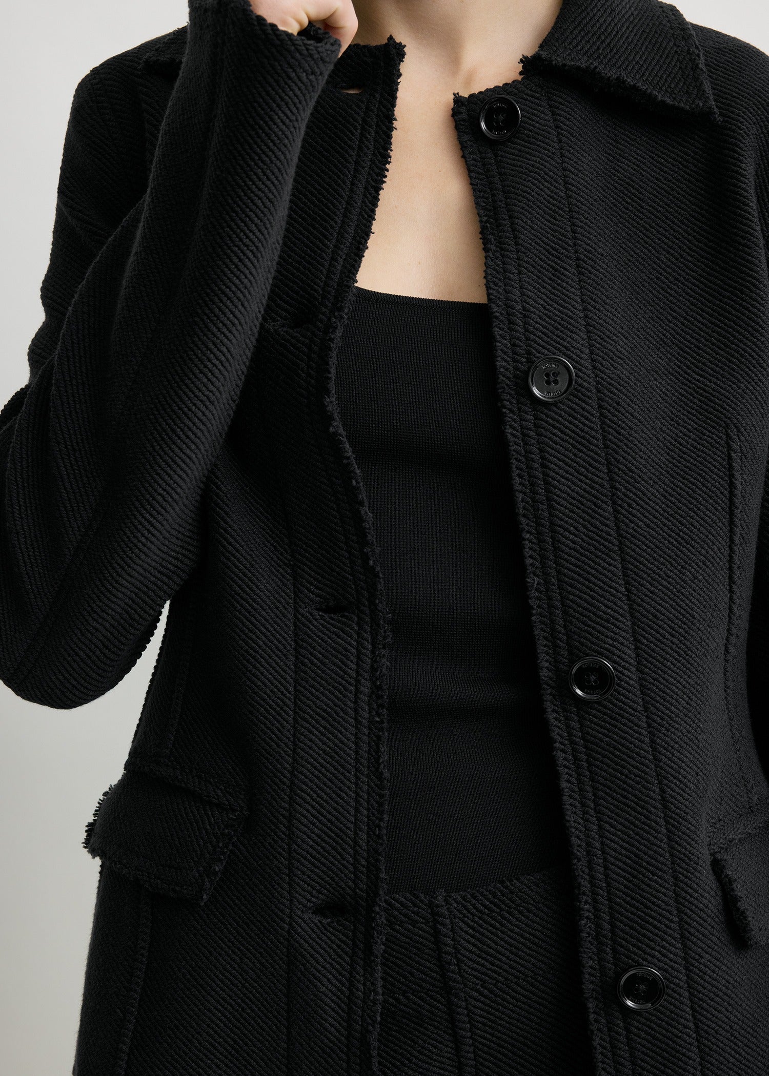 Raw hem cotton jacket black