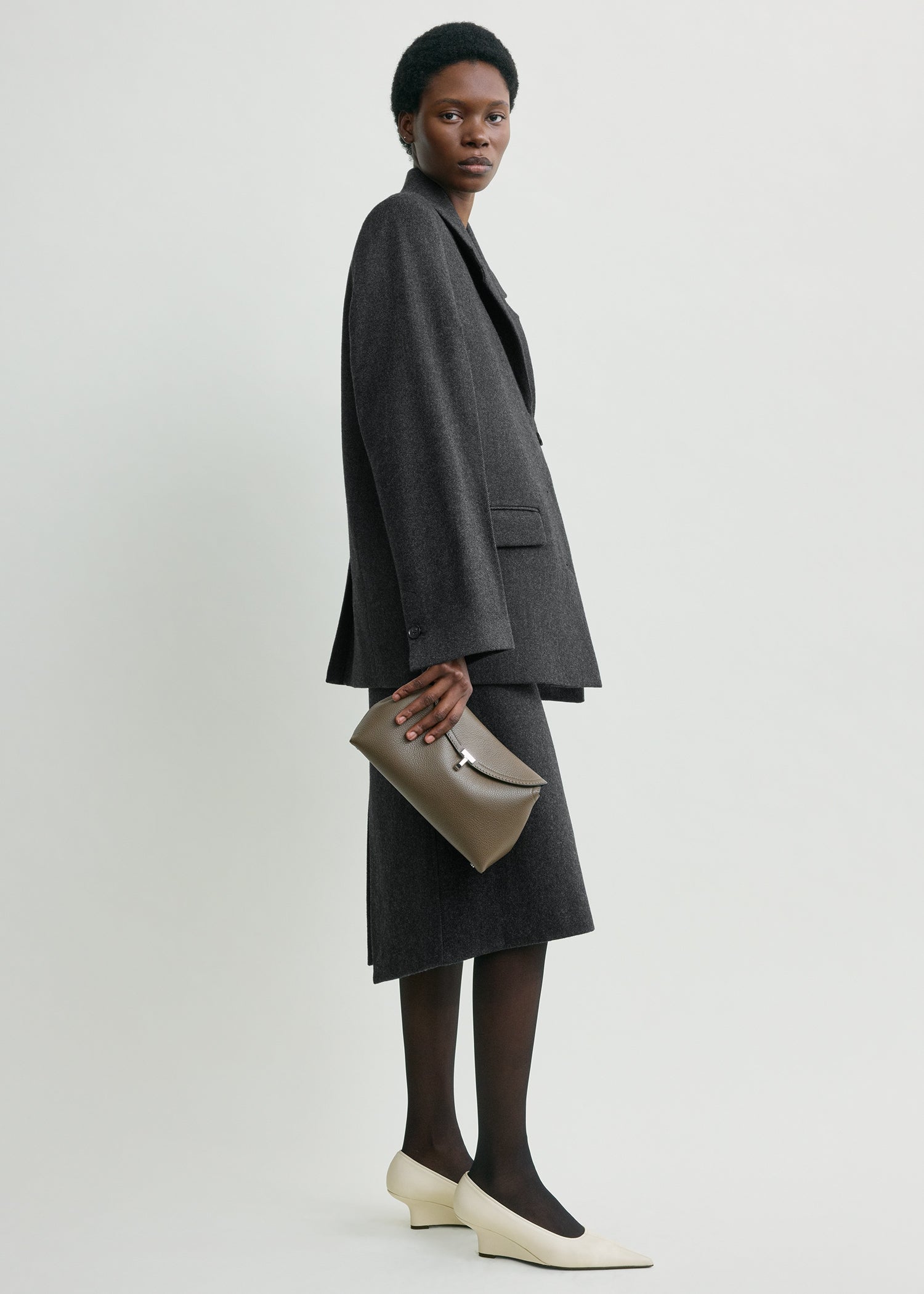 T-lock grained-leather clutch dark taupe