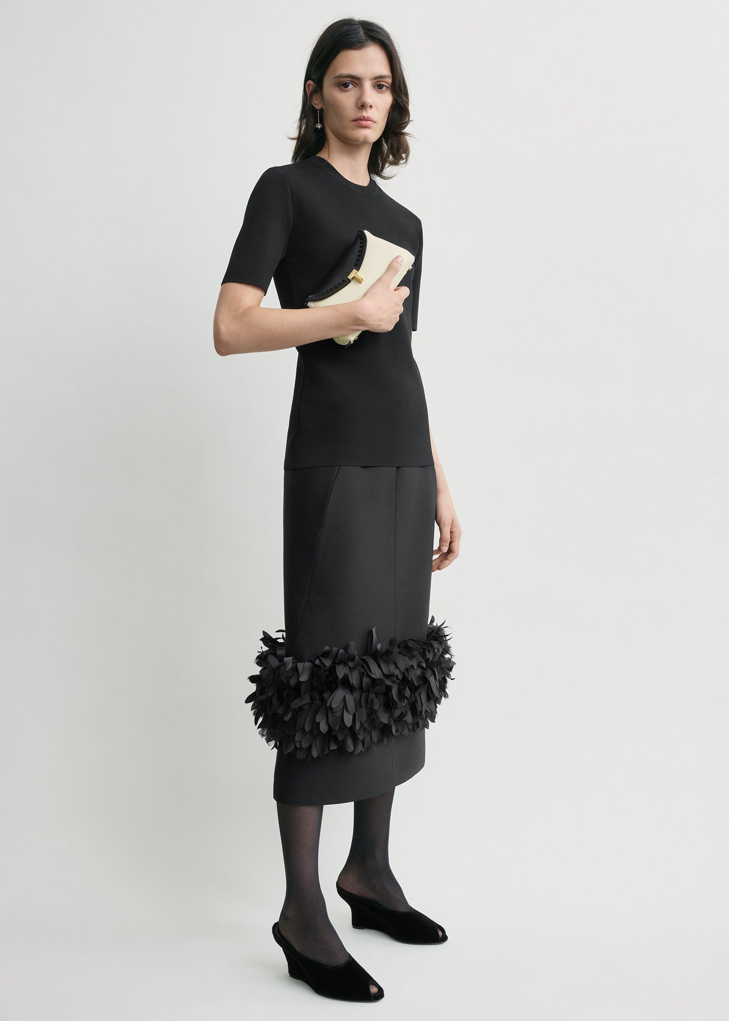 Mini T-lock embroidered leather clutch black/milk