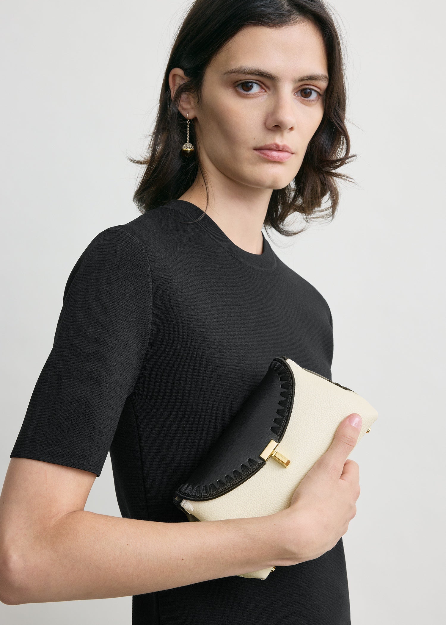 Mini T-lock embroidered leather clutch black/milk