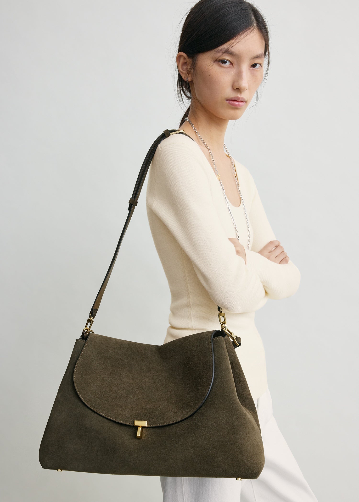 T-lock suede satchel dark taupe