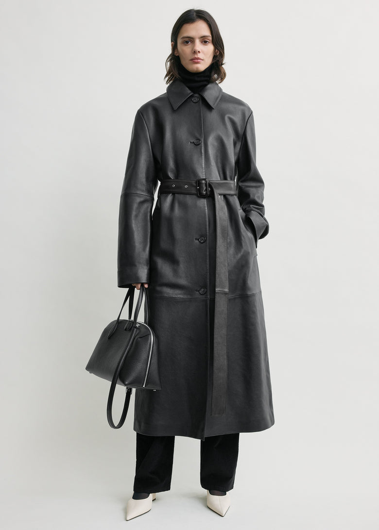 Belted leather coat black