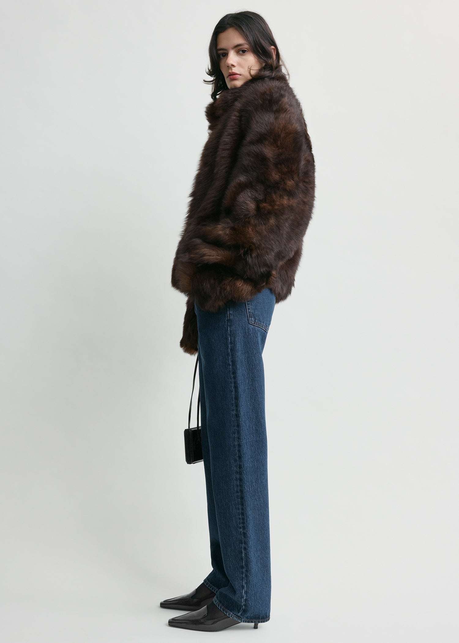 Silky shearling jacket dark brown