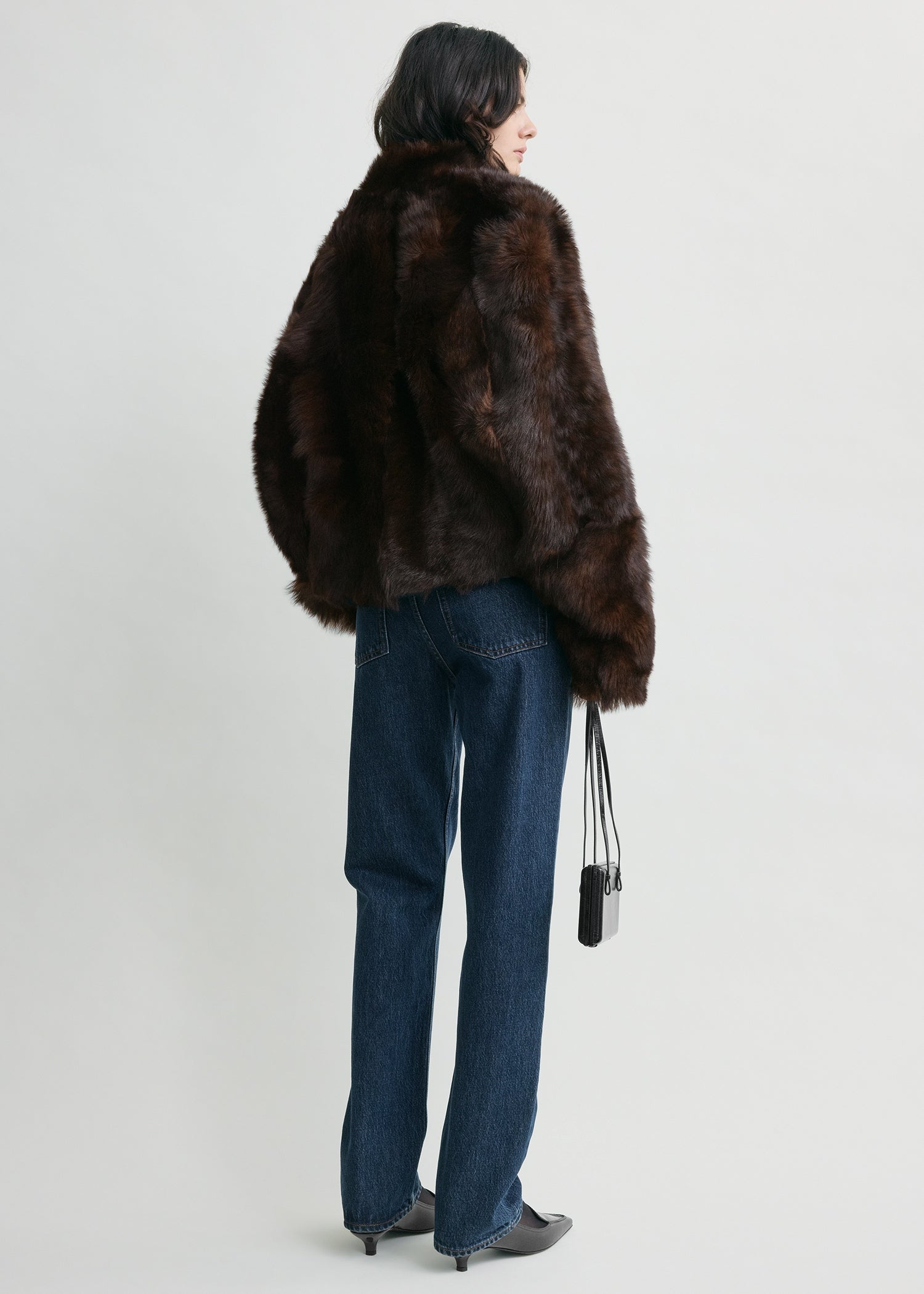 Silky shearling jacket dark brown