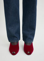 Peep-toe velvet wedge mules red