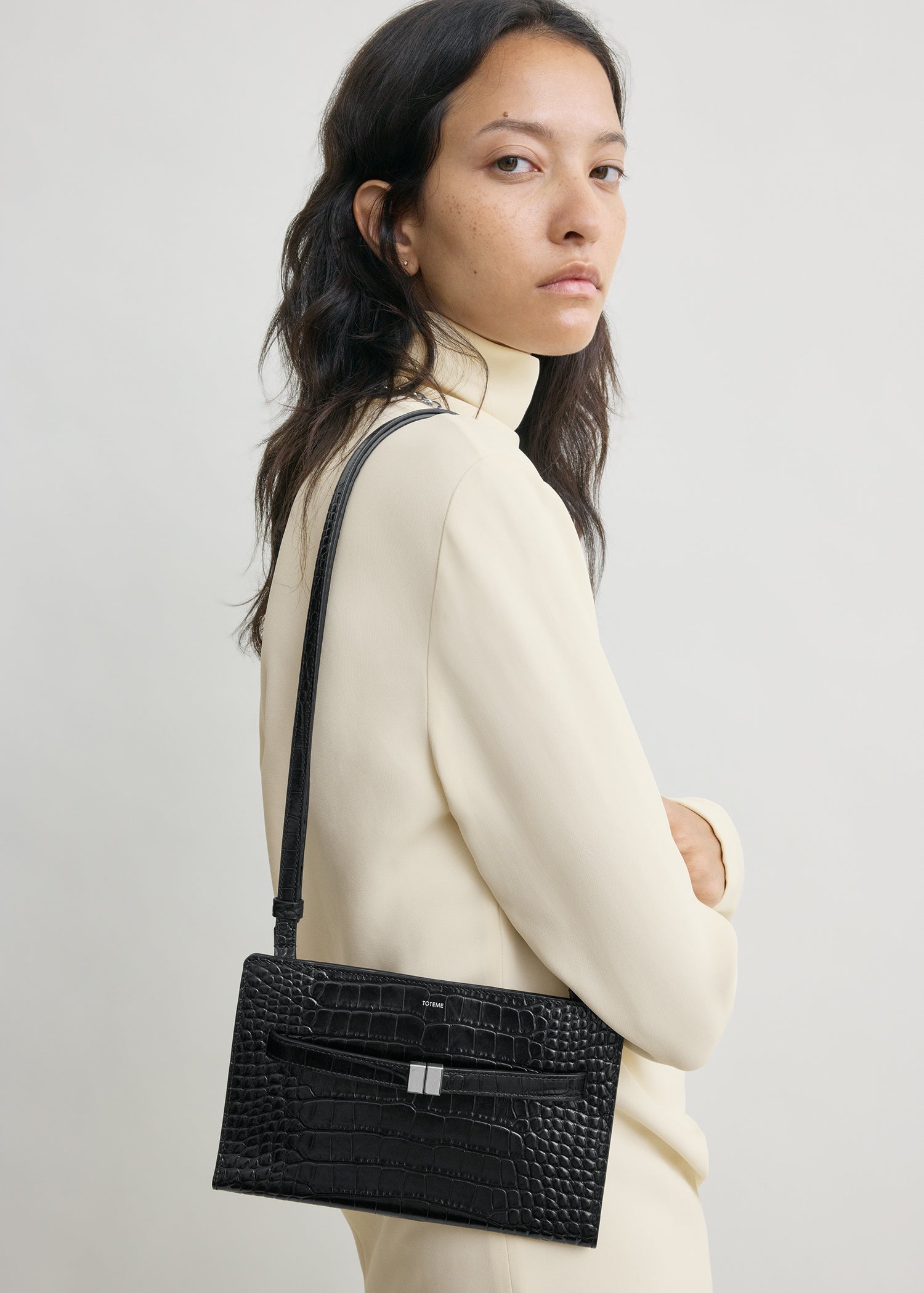Belted croco-embossed crossbody black