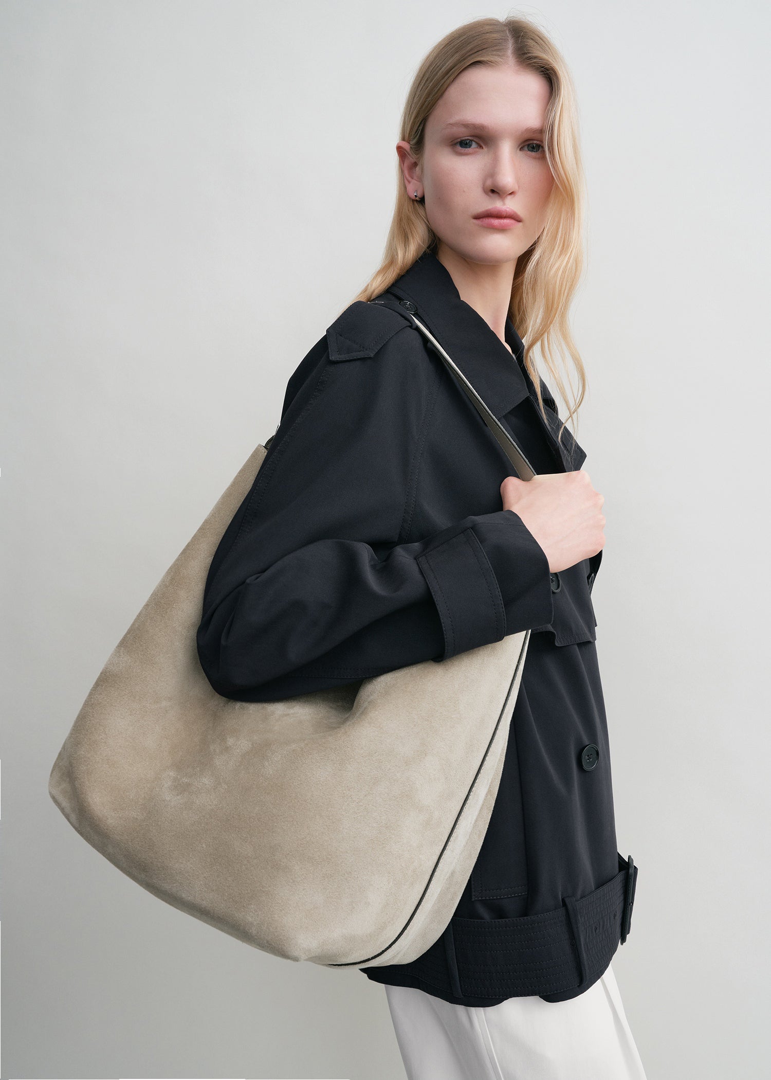 Belted suede tote desert