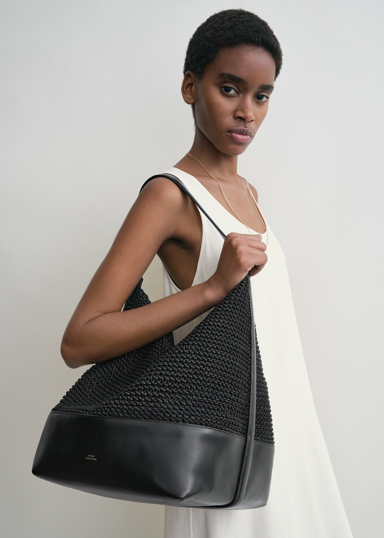 Belted woven-leather tote black