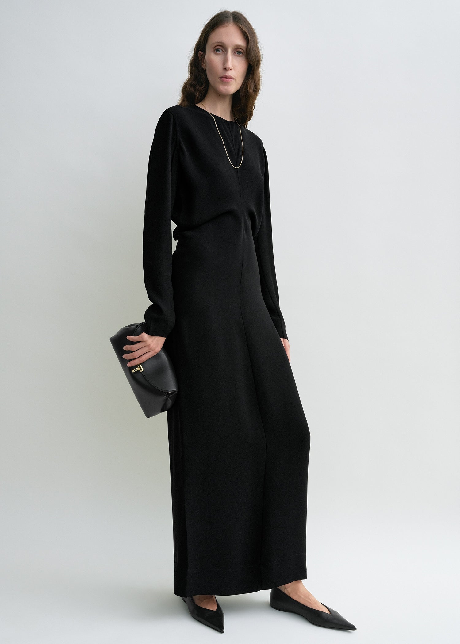 Long-sleeve slouch waist dress black petite
