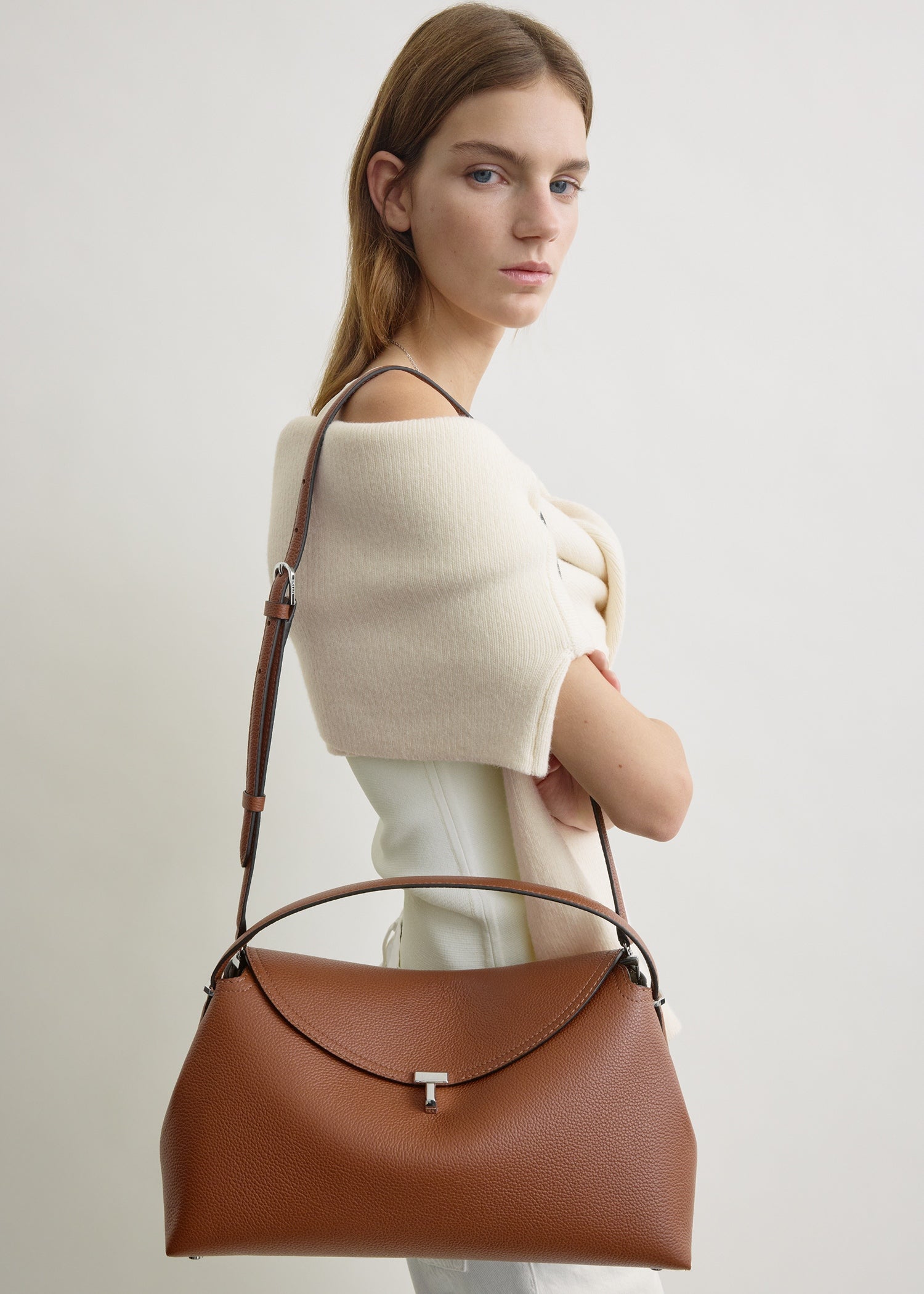 T-lock grained-leather top handle sienna