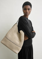 Belted woven leather tote fawn