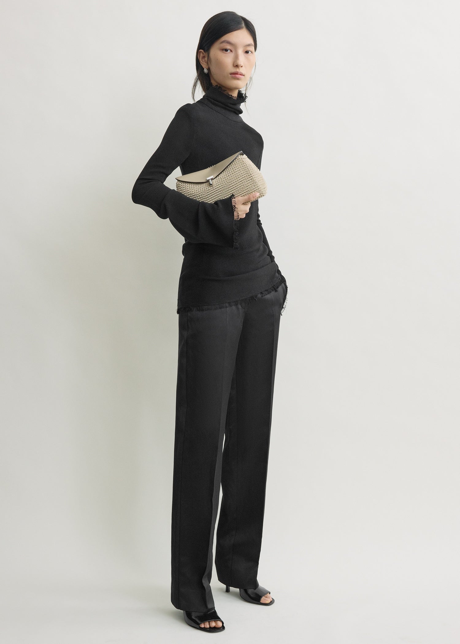 T-lock woven-leather clutch fawn