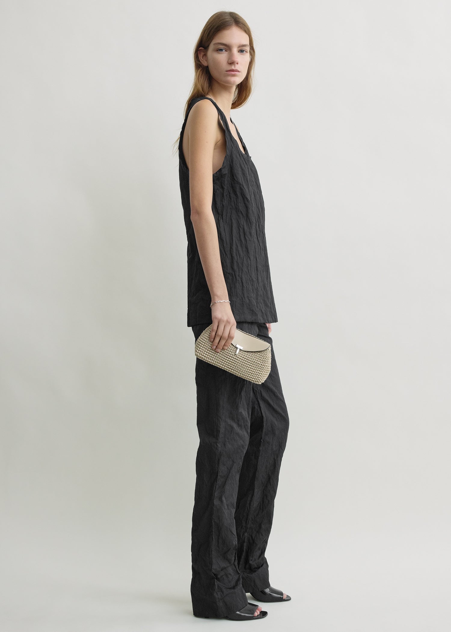 Mini T-lock woven-leather clutch fawn