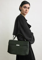 Clip croco-embossed top handle dark green