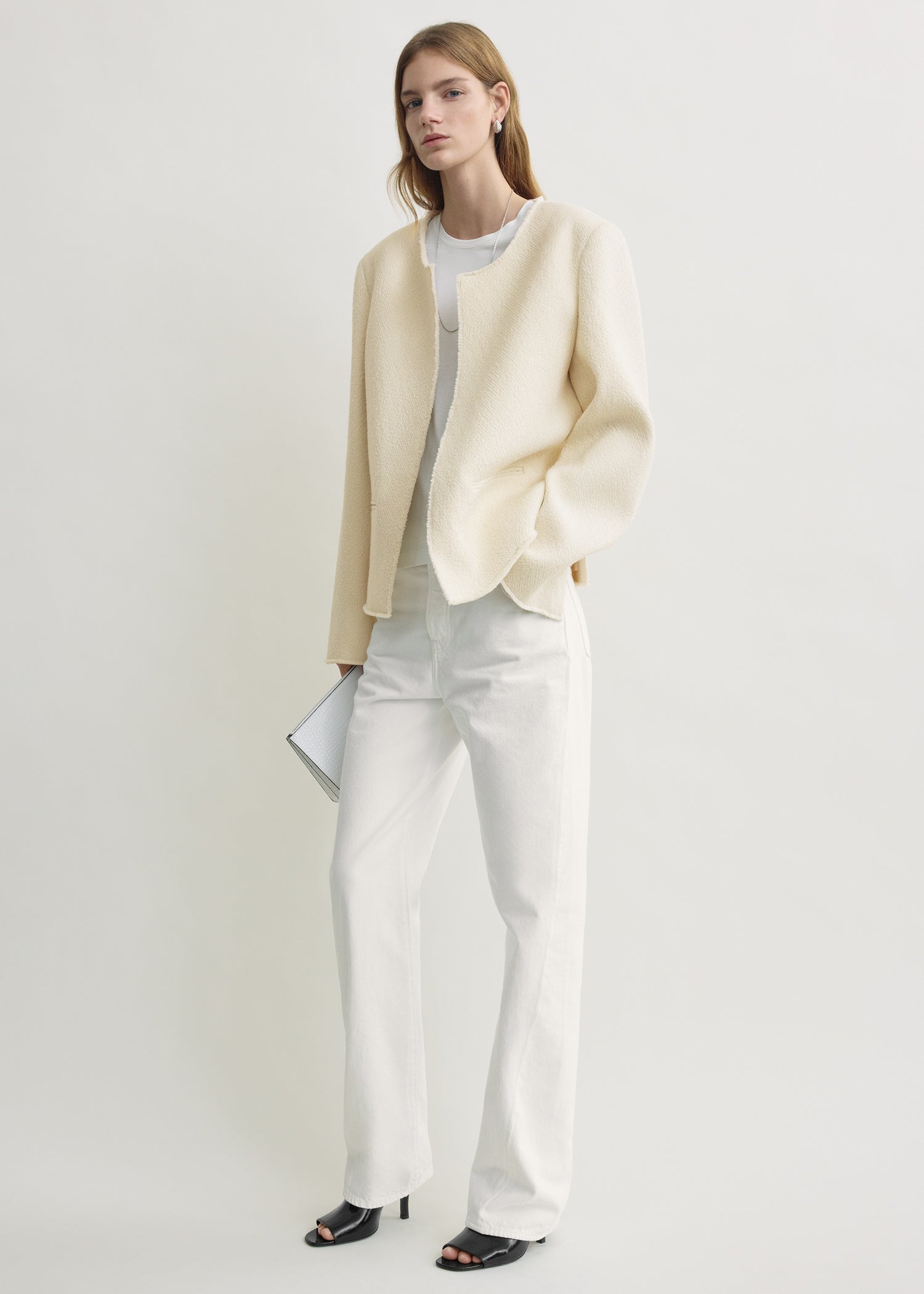 Open-front bouclé blazer ecru