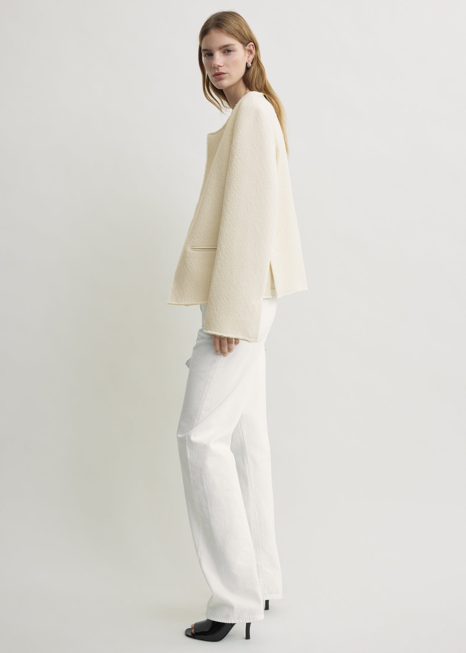 Open-front bouclé blazer ecru