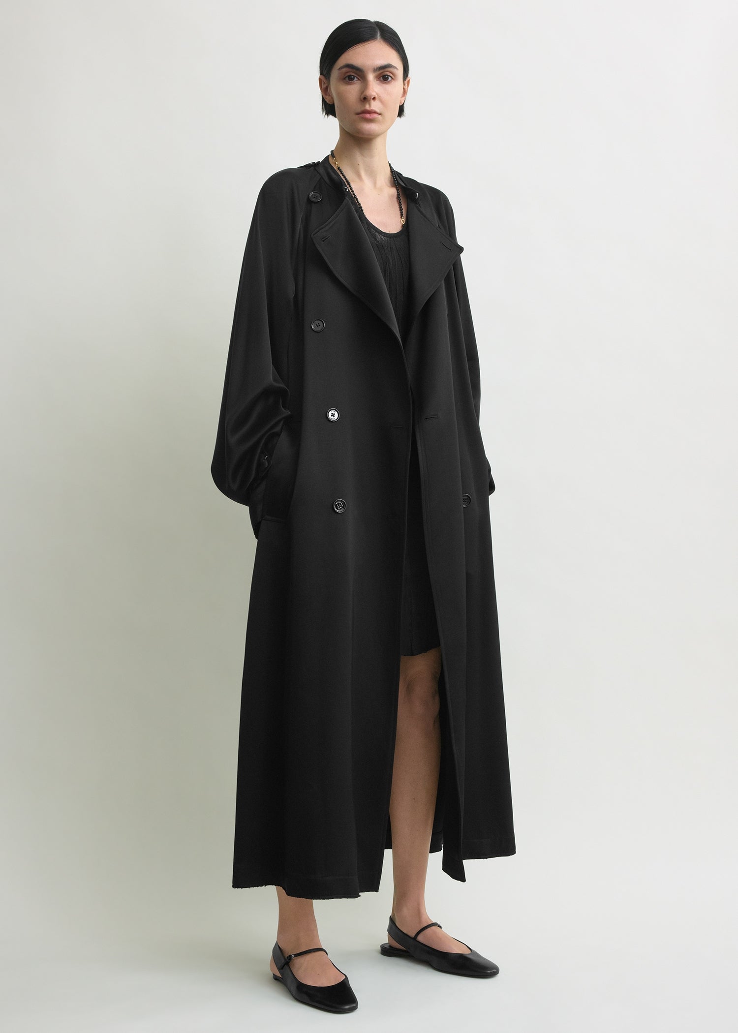 Draped satin trench black