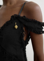 V-neck raw slip dress black