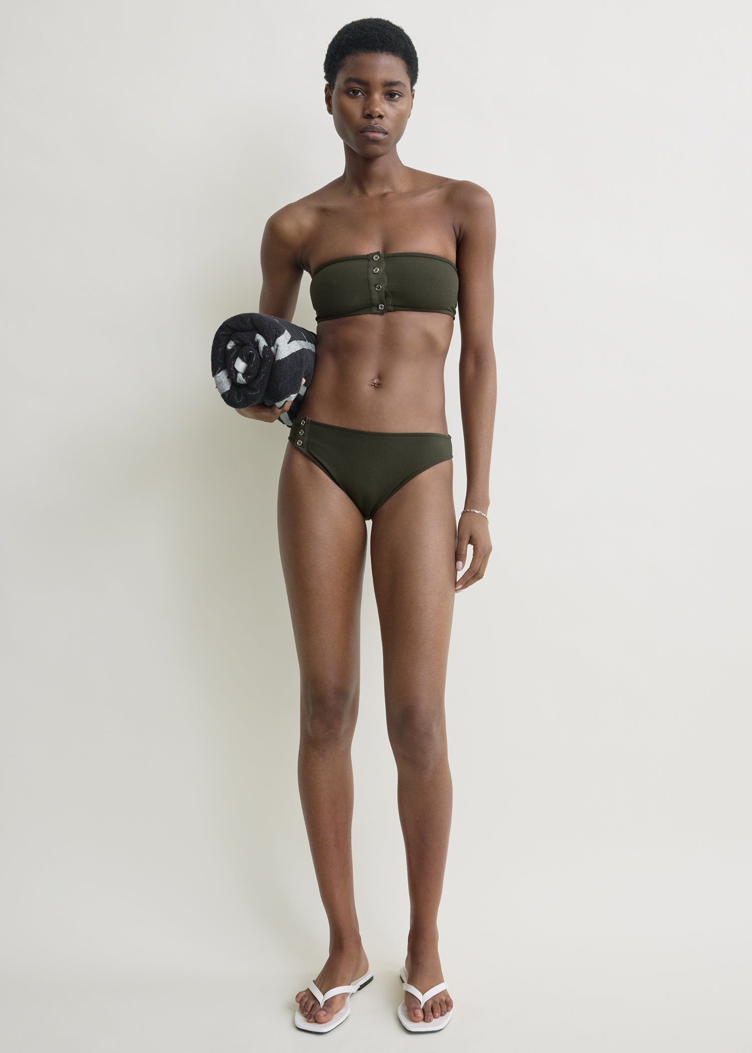 Ribbed strapless bikini top dark green