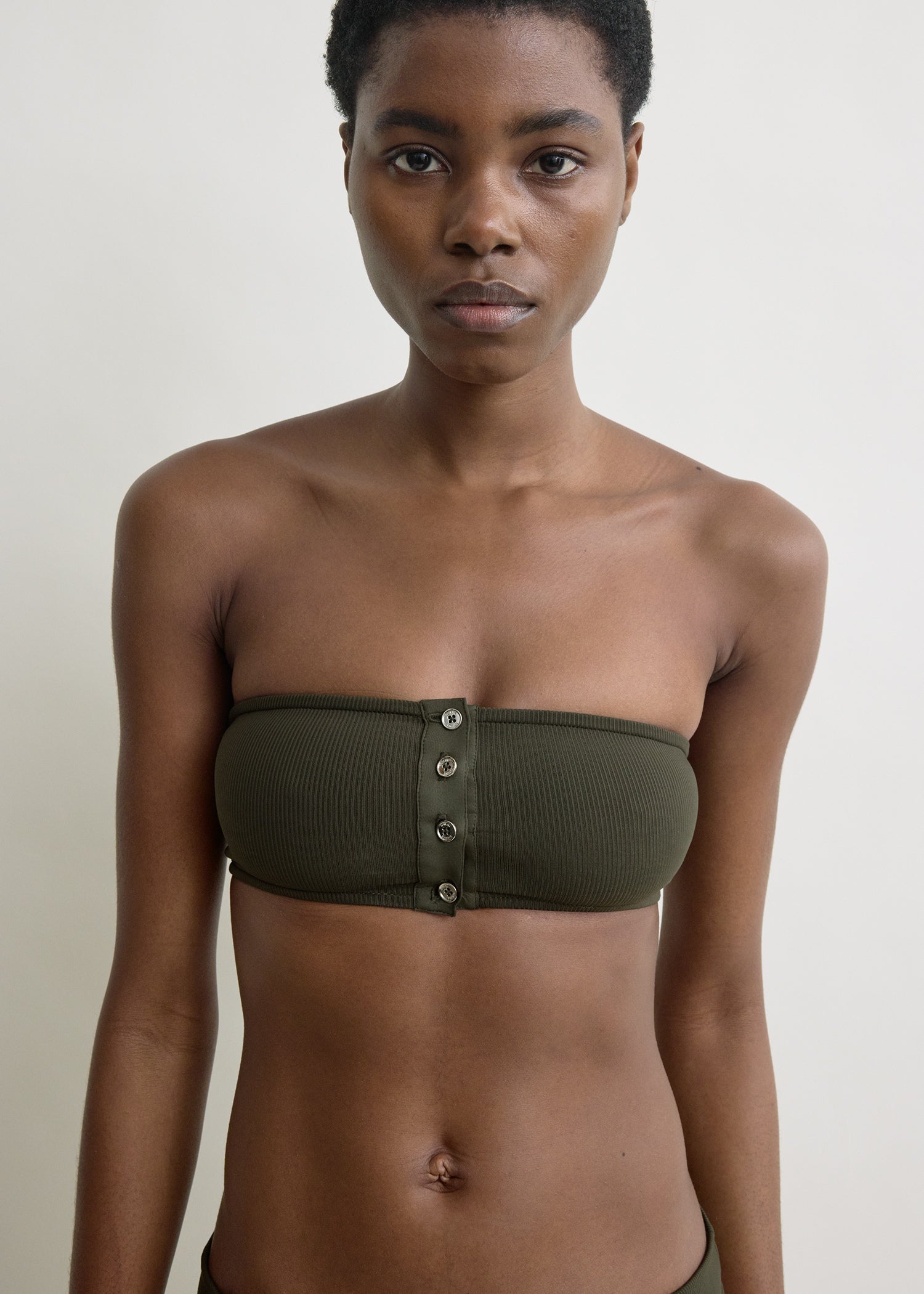 Ribbed strapless bikini top dark green