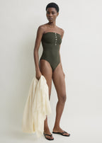 Ribbed strapless swimsuit dark green