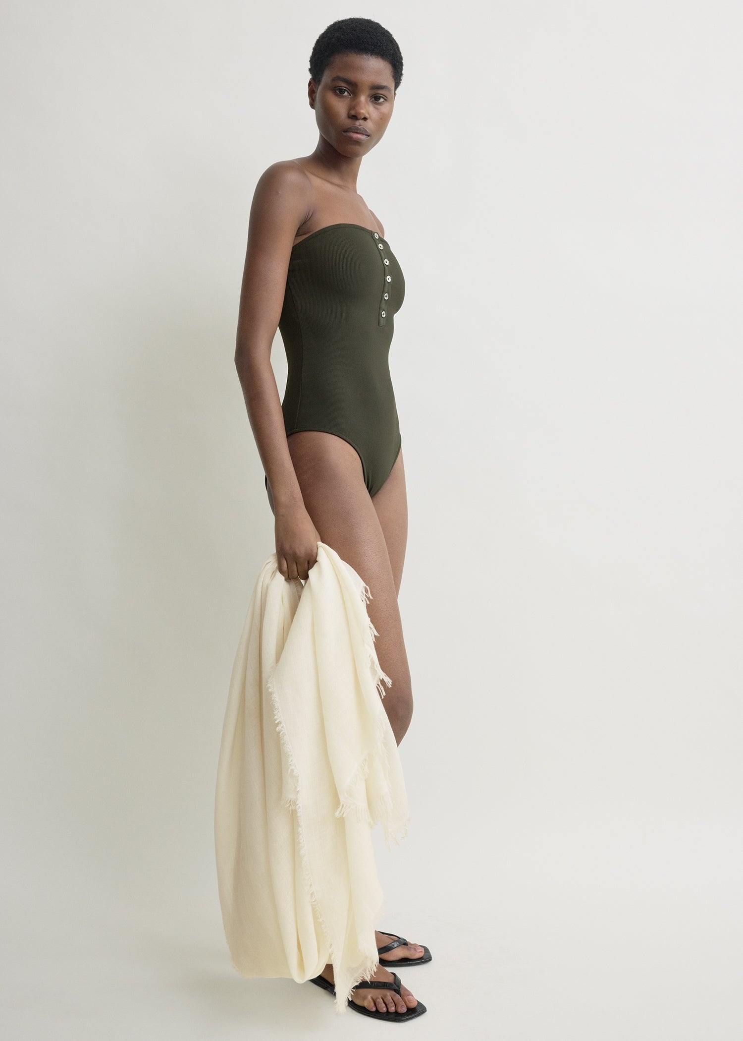 Ribbed strapless swimsuit dark green