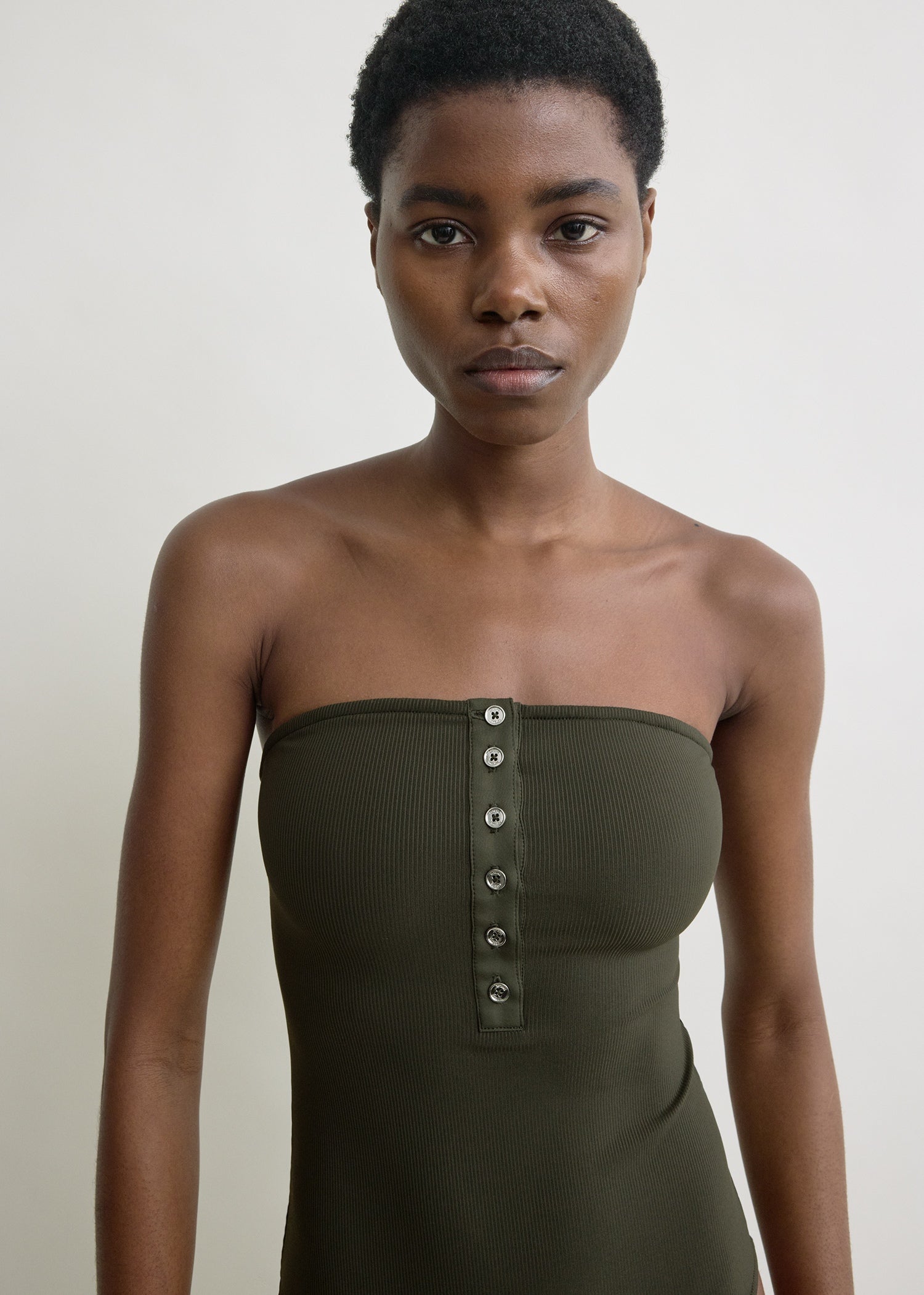 Ribbed strapless swimsuit dark green